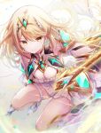  1girl alluring big_breasts blonde_hair cleavage high_res legs mythra nintendo sword ui_frara weapon xenoblade_(series) xenoblade_chronicles_2 yellow_eyes 