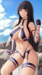  1girl alluring alternate_costume arm_support artist_signature bangs bare_shoulders big_breasts bikini black_hair blue_sky blunt_bangs blush bra breasts choker cleavage cloud curvaceous curvy curvy_figure dead_or_alive dead_or_alive_6 dead_or_alive_xtreme dead_or_alive_xtreme_2 dead_or_alive_xtreme_3 dead_or_alive_xtreme_3_fortune dead_or_alive_xtreme_beach_volleyball dead_or_alive_xtreme_venus_vacation double_v eye_contact eyebrows_visible_through_hair eyelashes female female_only fingerless_gloves fishnets garter_straps gloves highleg highleg_bikini hourglass_figure lingerie long_hair looking_at_viewer midriff mole mole_under_mouth navel nyotengu o-ring o-ring_top off_shoulder outdoors parted_lips pose posing purple_eyes revealing_clothes sidelocks sitting sky solo solo_female stockings swimsuit tecmo thick thick_thighs thighs thin_waist underboob v voluptuous wide_eyed wide_hips zaphn 