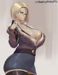 1girl android_18 blonde_hair breasts bursting_breasts cutesexyrobutts dragon_ball dragon_ball_z glasses huge_breasts office_lady pencil_skirt shiny shiny_skin short_hair standing stockings thick_thighs thighs zettai_ryouiki