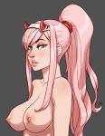 1girl breasts darling_in_the_franxx djcomps fizzz green_eyes grey_background headband high_resolution looking_at_viewer medium_breasts nude pink_hair ponytail portrait tied_hair zero_two_(darling_in_the_franxx)