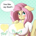 1girl 2018 5_fingers anthro big_breasts blush breasts chest_tuft clothed clothing cute dialogue dotted_background english_text equine eyebrows eyelashes feathered_wings feathers floppy_ears fluttershy friendship_is_magic fur furry green_background hair half-length_portrait high_res long_hair looking_at_viewer mammal my_little_pony pattern_background pegasus pink_hair portrait shirt silverfox057 simple_background smile talking_to_viewer teal_eyes text tuft wings yellow_feathers