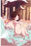  1boy 3_girls bathing blush brown_hair crown flower forest house human lily_pad multiple_girls nude orange_hair river shy snow surprise water waterfall wet wet_hair woods 