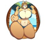 1girl 1girl 2018 absurd_res alpha_channel anthro beach big_breasts bikini blue_eyes breasts brown_hair canine clothing dog furry hair high_res huge_breasts june_(jinu) looking_at_viewer mammal navel palm_tree seaside shiba_inu short_hair smile superix swimsuit thick_thighs tree