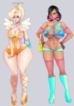  2girls activision angel_wings angela_ziegler angry big_ass big_breasts blizzard_entertainment blonde dark_skin dress fishnets handbag high_heels mercy_(overwatch) nipples overwatch ripped_clothing shy standing sundown symmetra_(overwatch) unhappy 