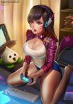  1girl alluring badcompzero breasts cleavage clothed clothing d.va game_controller gamer gaming headgear joystick open_mouth overwatch playing playing_games playing_video_game 