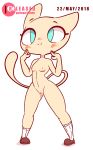 1girl animal_ears anthro anthrofied artist_name blue_eyes breasts cat_tail covering covering_crotch dated diives embarrassed english_text full_body furry gif hands_together hands_up jumping knees_together_feet_apart looking_down mew nekomimi nipples no_humans nude open_mouth pokemon pussy signature simple_background small_breasts smile standing surprised tail teeth text uncensored v_arms white_background