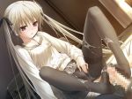  1girl bed blush climax clothed_sex cum cum_on_feet cum_on_legs cum_on_lower_body ejaculation enjoy_sex feet fingering footjob game_cg happy_sex jzcum kasugano_sora legs long_hair masturbation masturbation_through_clothing nice_legs penis semen sister smile stocks wet white_hair yosuga_no_sora 