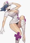 1girl arm_support black_panties blue_hair breasts choker cleavage gloves large_breasts legs looking_at_viewer nurse nurse_cap panties ponytail red_eyes sitting skullgirls surgical_mask thighs valentine_(skullgirls)