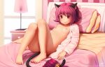  1girl animal_ears areola barefoot bed bell bow breasts cat_ears cat_girl cat_tail erect_nipples feet female_only heart high_res ichigo_momomiya idfer kemonomimi looking_at_viewer lying nipples no_bra no_panties open_clothes open_shirt pillow pink_eyes pink_hair pussy short_hair small_breasts smile tail text toes tokyo_mew_mew uncensored 