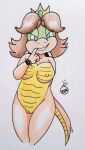  1girl anthro blue_eyes breasts brown_hair crown female_only koopa princess_daisy pussy rdk scalie short_hair solo_focus super_mario_bros. traditional_media traditional_media_(artwork) transformation 