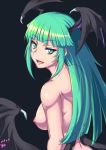 aqua_hair bat_wings breasts capcom darkstalkers demon_girl erect_nipples green_eyes head_wings lips long_hair looking_back morrigan_aensland naughty_face nipples nude sideboob smile succubus wingsuit