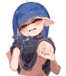  1girl bangs blue_hair blue_tongue blunt_bangs blush breast_hold breasts clothes_lift colored_tongue disembodied_limb fummatsu_soosu grabbing_own_breast grey_hoodie hand_under_clothes hand_under_shirt hood hoodie hoodie_lift inkling inkling_girl lifted_by_self lotion lube medium_breasts navel nintendo nipple_tweak nipples no_bra one_breast_out open_mouth pointy_ears shirt solo_female splatoon_(series) tentacle_hair white_background yellow_eyes 