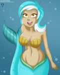  1girl alcasar-reich bare_shoulders big_breasts blue_hair breasts cleavage dark-skinned_female dark_skin female_only friendship_is_magic humanized lyra lyra_heartstrings medium_hair mermaid mermaid_tail multicolored_hair my_little_pony navel open_mouth shell_bikini smile teeth tongue underwater white_hair yellow_eyes 