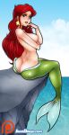 1girl ass ass_crack blue_eyes breasts disney jago_dibuja looking_at_viewer nude princess_ariel red_hair sitting the_little_mermaid