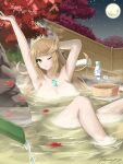  1girl arm_behind_head arms_up bath bathing big_breasts blonde_hair blush chest_jewel collarbone convenient_censoring feet_out_of_frame fgsketch gem high_res leaf leaning_back legs long_hair looking_at_viewer moon mythra night night_sky nintendo nude one_eye_closed onsen outside partially_submerged rock shiny_skin sidelocks signature sitting sky steam steam_censor stretching swept_bangs thighs towel tree water_spring wet xenoblade_(series) xenoblade_chronicles_2 yellow_eyes 