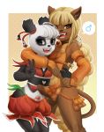 anthro bear black_fur blonde_hair braided_hair brown_fur clothing dofus duo ecaflip erection eyelashes feline front_view fur furry girly hair high_res hugging humanoid_penis ineffective_clothing long_hair looking_at_viewer male mammal manene mars_symbol multicolored_fur open_mouth panda pandawa penis poking_out portrait precum smile standing symbol testicles three-quarter_portrait two_tone_fur v v_sign wakfu white_fur