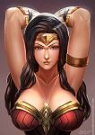 1girl badcompzero black_hair cleavage clothed clothing dc_comics hands_behind_head long_hair looking_at_viewer smile superhero superheroine wonder_woman