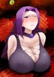  1girl art bare_shoulders black_tank_top blush bondage breasts brooch cape cleavage closed_mouth gem half-closed_eyes huge_breasts human jewelry kuma003 lips long_hair looking_at_viewer neck one_eye_closed original original_character purple_cape purple_eyes purple_hair reptile restrained sapphire_(stone) snake tank_top tears wince 