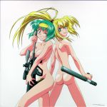  1girl 2_girls aqua_hair ass big_breasts blonde_hair blue_eyes breasts burn-up burn-up_excess burn_up burn_up_excess female_only green_hair gun jingu_maya jinguu_maya kinezono_rio long_hair looking_at_viewer looking_back maya_jinguu multiple_females multiple_girls nude red_eyes rifle rio_kinezono short_hair smile weapon 