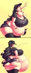 belly_bulge belly_piercing black_hair dotil earrings gigantic_ass gigantic_breasts goth hat inflation ponytail purple_eyes vore weight_gain