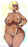 areolae big_breasts breasts brown_skin cameltoe cleavage eliza_(skullgirls) female jadf nipples skullgirls sling_bikini solo swimsuit waru-geli white_bikini white_swimsuit yellow_eyes yellow_hair