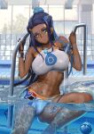  1girl alluring armlet athletic_female black_hair blue_hair creatures_(company) dark-skinned_female dark_skin day dive_ball earrings female_abs fit_female game_freak gloves gym_leader hoop_earrings jewelry multicolored_hair necklace nessa_(pokemon) nintendo partially_submerged poke_ball pokemon pokemon_(creature) pokemon_(game) pokemon_swsh pool pool_ladder single_glove sports_bikini swimming_pool swimsuit teemu_taiga underwater water watermark web_address 