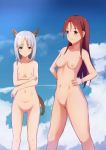 1girl 2_girls animal_ears big_breasts brave_witches breasts completely_nude completely_nude_female edytha_rossmann female_pubic_hair hands_on_hips long_hair minna-dietlinde_wilcke multiple_girls navel nipples nude pettanko pubic_hair red_hair short_hair small_breasts strike_witches tail world_witches_series