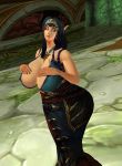 1girl bakaras blood_elf closed_eyes clothed elf huge_ass huge_breasts pinup tight_clothing wide_hips world_of_warcraft