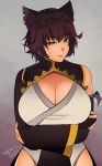 1girl animal_ears arms_crossed bare_shoulders breasts cat_ears cleavage cleavage_cutout detached_sleeves dress huge_breasts kali_belladonna milf parted_lips purple_hair rwby smile thighs yellow_eyes