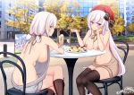 1girl 2_girls arm_rest autumn azur_lane backwards_virgin_killer_sweater bandaid bandaids_on_nipples bangs bare_shoulders belfast_(azur_lane) belfast_(shopping_with_the_head_maid)_(azur_lane) beret big_breasts black_legwear blush boots breasts brown_footwear brown_sweater bubble_tea building cameo chair clavicle crossed_legs day dessert_topping drinking_straw earrings erect_nipples erect_nipples_under_clothes exhibitionism eyebrows_visible_through_hair food fruit grey_sweater hair_between_eyes hand_on_own_cheek hand_on_own_face hat hoop_earrings jewelry knee_boots long_hair looking_at_viewer meme_attire multiple_girls nipples pasties photo_background ppshex red_headwear short_hair sidelocks silver_hair sirius_(azur_lane) sitting smile stockings strawberry sweater table turtleneck virgin_killer_sweater whipped_cream white_hair