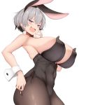 1girl ass big_ass big_breasts black_pantyhose blue_eyes bunny_ears bunnysuit grey_hair huge_breasts huge_thighs karatakewari pale-skinned_female pale_skin pantyhose short_hair thick_thighs thighs uzaki-chan_wa_asobitai! uzaki_hana white_background wide_hips