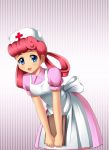  1girl big_breasts blue_eyes breasts clipboard female female_human female_only hair_rings human human_only joy_(pokemon) looking_at_viewer nintendo nurse_cap nurse_joy nurse_uniform pink_hair pokemon razorkun smile solo standing uniform 