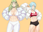 1girl 2_girls abs alluring alternate_costume arm_up artist_name athletic_female big_breasts black_shorts blue_hair braid braided_ponytail cleavage clenched_hand clothes_writing cowboy_shot crop_top dagr_(fire_emblem) female_abs female_only fire_emblem fire_emblem_heroes fit_female green_eyes green_hair grin hair_over_shoulder jacket long_hair long_sleeves looking_at_viewer medium_breasts meziosaur midriff multiple_girls navel nintendo nott_(fire_emblem) one_eye_closed open_clothes open_jacket pants short_hair short_shorts shorts simple_background smile sports_bra standing stomach thighs white_jacket white_pants yellow_eyes yoga_pants