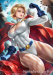 1girl bare_legs belt blonde_female blonde_hair blue_belt blue_eyes blue_gloves breasts cape clenched_teeth day dc_comics dcau female_only female_solo gloves grin justice_league justice_league_unlimited legs leotard lips lipstick long_sleeves looking_at_viewer makeup naughty_face neoartcore outside parted_lips pink_lipstick power_girl red_cape short_hair smile thick_thighs thighs white_leotard