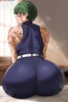 1girl big_breasts bubble_butt cleavage green_hair horny inviting_to_sex jujutsu_kaisen looking_at_viewer maki_zenin on_bed oroborus pose sitting sitting_on_bed teasing thick_thighs yellow_eyes zenin_maki