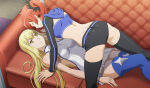 2_girls ais_wallenstein aiz_wallenstein all_fours arms_at_sides ass bare_arms bare_shoulders black_panties black_thighhighs black_underwear blonde_female blonde_hair blue_thighhighs breasts closed_eyes closed_mouth couch couple dress dungeon_ni_deai_wo_motomeru_no_wa_machigatteiru_darou_ka duo expressionless eyebrows_visible_through_hair female_only femdom femsub from_above girl_on_top hair_between_eyes is_it_wrong_to_try_to_pick_up_girls_in_a_dungeon lezdom loki_(danmachi) long_hair looking_at_another love lying_on_back lying_on_couch medium_breasts midriff multiple_girls on_back on_couch panties ponytail red_couch red_hair short_dress short_hair sleeveless sleeveless_dress sleeveless_turtleneck small_breasts smile stockings turtleneck turtleneck_dress underwear white_dress yellow_eyes yuri