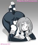 1girl 1girls 2025 ass ass big_ass big_ass chickpea digital_drawing_(artwork) feet female_only gradient_background grey_background hero heroine huge_ass huge_ass looking_at_viewer looking_up looking_up_at_viewer monochrome my_hero_academia ochako_uraraka ochako_uraraka_(hero_outfit) sfw short_hair simple_background smile stirrup_legwear superhero superhero_costume superheroine toes