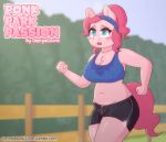 1girl 2018 anthro blue_eyes blush_sticker clothing earth_pony english_text equine fence friendship_is_magic furry gif hair horse jogging mammal my_little_pony nipple_bulge omegaozone open_mouth outside pink_hair pinkie_pie pony sweat text url