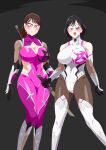 2_girls alluring big_breasts black_hair bodysuit brown_hair cleavage igasaki_fuuka momochi_kasumi no_headwear otokam1117 pink_eyes purple_eyes shuriken_sentai_ninninger super_sentai