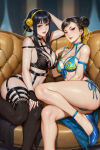 1girl 2_girls arm_behind_head assassin athletic_female big_breasts big_breasts bikini black_bra black_garter_straps black_gloves black_hair black_thighhighs blue_bikini blue_footwear bra brown_eyes capcom chun-li cleavage collarbone commentary couch crossover earrings english_commentary female_abs female_human female_only fingerless_gloves fit_female full_lips garter_straps gloves gold_earrings gold_hairband hair_bun hair_ribbon hairband hand_on_lap high_res human jewelry light-skinned_female lingerie looking_at_viewer mature_female mixed-language_commentary multiple_girls navel neoartcore o-ring paid_reward_available pale-skinned_female panties pantyshot parted_lips partially_clothed patreon_username red_eyes ribbon single_hair_bun sitting spy_x_family stockings strap_pull street_fighter street_fighter_6 swimsuit thai_commentary thighs underwear yor_briar yor_forger