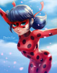 1girl blue_eyes blue_hair bodysuit breasts closed_mouth cloud dandon_fuga day domino_mask female_only female_solo heroine ladybug_(character) lips looking_at_viewer low_twintails marinette_cheng marinette_dupain-cheng mask medium_breasts miraculous_ladybug outstretched_arms polka_dot red_bodysuit red_mask short_hair skin_tight sky smile spread_arms superheroine tied_hair toei_animation twin_tails