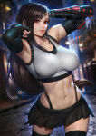 1girl bare_shoulders big_breasts black_hair breasts collarbone female_only female_solo final_fantasy final_fantasy_vii final_fantasy_vii_remake lips lipstick long_hair looking_at_viewer makeup midriff navel neck neoartcore outside pink_lipstick red_eyes square_enix standing thighs tifa_lockhart very_long_hair