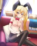 alternative_costume animal_ears black_legwear black_pantyhose blonde blush blush_stickers bunny_ears bunny_girl gloves hagirussia_(sanyanyanya) lizsharte_atismata long_blonde_hair long_hair nipples no_bra nude_filter official_card_illustration panties panties_under_pantyhose pantyhose red_eyes saijaku_muhai_no_bahamut third-party_edit topless underwear white_gloves