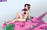 1girl barefoot bikini blizzard_entertainment breasts brown_hair d.va_(overwatch) female_only female_solo full_body headgear headphones izzykargeau long_hair looking_at_viewer medium_breasts overwatch sitting small_breasts swimsuit