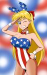 1girl aino_minako alluring american_flag american_flag_print animal_ears big_breasts bishoujo_senshi_sailor_moon blonde_hair blue_eyes bow bowtie cleavage flag_print hair_bow hand_on_own_hip high_res imightbemick leotard long_hair looking_at_viewer minako_aino one_eye_closed pantyhose playboy_bunny rabbit_ears salute smile wrist_cuffs