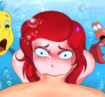 1girl 3boys blush close-up darkseether disney disney_princess extreme_close-up female flounder low-angle_view male offscreen_male oral_sex penis princess_ariel sebastian sucking_penis the_little_mermaid underwater