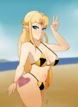 a_link_between_worlds a_link_to_the_past alternate_version_available beach bikini blonde_hair blue_eyes hound_wolf nintendo peace_sign princess_zelda tagme the_legend_of_zelda triforce_bikini zelda_(a_link_between_worlds) zelda_(a_link_to_the_past)