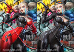 2_girls adapted_costume alternate_costume anne_takamaki asymmetrical_clothes asymmetrical_gloves atlus batman_(series) black_bodysuit black_gloves blonde_female blonde_hair blue_eyes blue_hair bodysuit boots breasts cat cat_costume cat_mask cat_tail catwoman catwoman_(cosplay) cleavage cleavage_cutout cosplay dc_comics dcau drill_hair dual_persona earrings eyeshadow facial_mark female_only gloves gradient gradient_hair hair_ornament hairclip half-closed_eyes hand_on_hip harleen_quinzel harley_quinn harley_quinn_(cosplay) heart heart_facial_mark holding holding_weapon holding_whip jewelry lips lipstick long_hair looking_at_viewer makeup mask medium_breasts multicolored_bodysuit multicolored_clothes multicolored_hair multiple_girls multiple_views neoartcore open_mouth persona persona_5 pink_hair pink_lipstick red_bodysuit red_gloves round_teeth selina_kyle smile standing stud_earrings suicide_squad tail takamaki_anne teeth thick_thighs thigh_high_boots thighs three-tone_hair tied_hair tongue twin_drills twin_tails upper_teeth upper_teeth_only weapon whip zipper