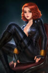 1girl arm_support avengers avengers:_age_of_ultron bangs black_bodysuit black_gloves black_widow black_widow_(marvel) bodysuit breasts chair cleavage collarbone eyeshadow female_only female_solo fingerless_gloves gloves green_eyes lips lipstick looking_at_viewer makeup marvel marvel_comics medium_breasts nail_polish natasha_romanoff neck neoartcore open_bodysuit open_clothes open_mouth parted_bangs pink_lipstick pink_nails red_hair short_hair sitting sitting_on_chair skin_tight smile