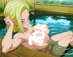 1girl absurd_res ai_assisted ai_generated android_18 anime bare_shoulders big_breasts big_nipples blonde_female blonde_hair blue_eyes blush dragon_ball dragon_ball_super dragon_ball_z earrings female fingers gigantic_breasts half-closed_eyes hand hand_on_head high_res high_resolution huge_breasts legs looking_at_viewer midriff naughty_face naughty_smile navel nipples nude onsen panda_ai partially_submerged sideboob sitting smile solo stable_diffusion stomach uncensored under_boob water wet